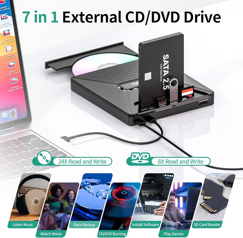 SUIDEK CD DVD Drive External, Portable CD DVD Driver +/-RW Burner with 2.5" SATA,SD Card Reader and USB A Type C 2.0 Hub Compatible with Laptop PC - Image 3